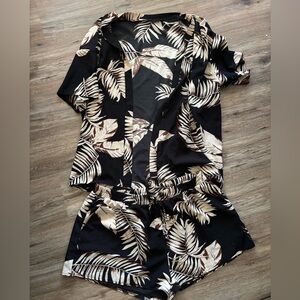 Plus size Leaf Print Black and Tan Two-Piece Set